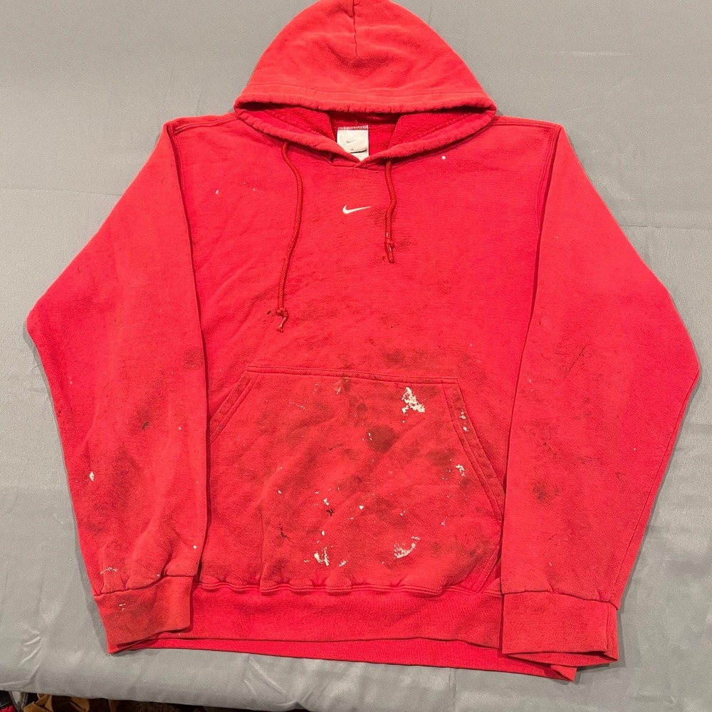 Vintage Nike Center Swoosh Hoodie Red Distressed Paint Splatter Mens Medium Y2K